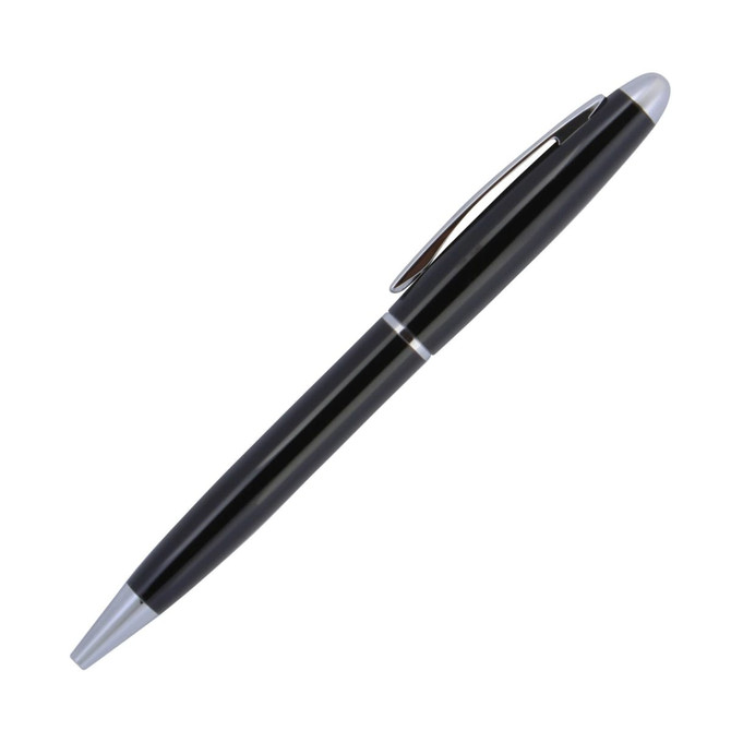 A black ballpoint pen with a silver tip and clip, featuring a sleek design and a logo on its surface.