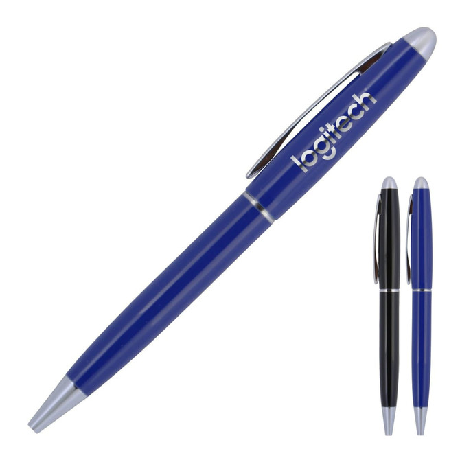 A blue and silver ballpoint pen with a sleek design and a logo. A black version is also shown alongside.