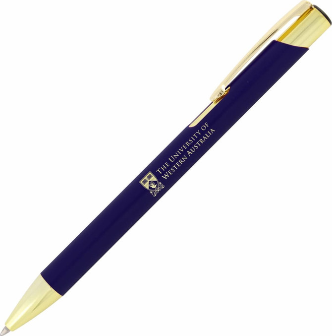 A ballpoint pen with a matte navy blue finish and gold trim, featuring a logo on the barrel.