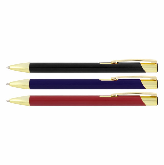 Three ballpoint pens with matte finishes in black, blue, and red, each featuring gold trim and a logo.