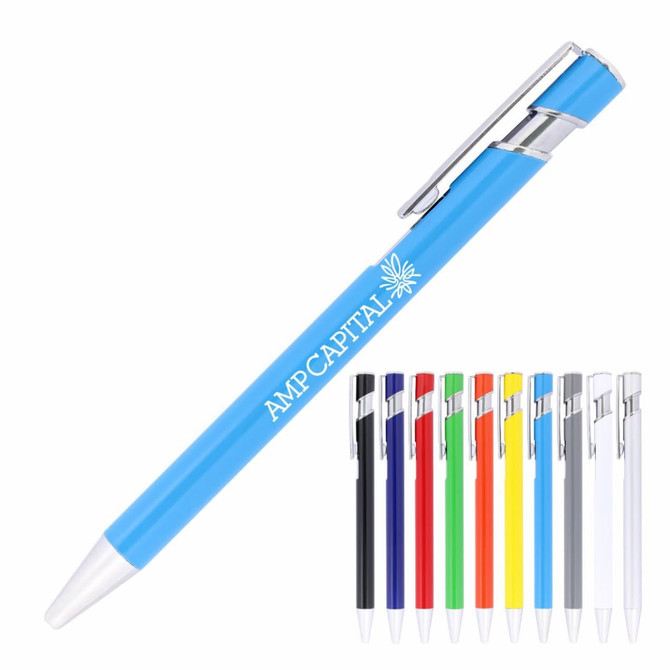 A blue ballpoint pen with a silver clip, available alongside other coloured variants. Features a logo on the barrel.