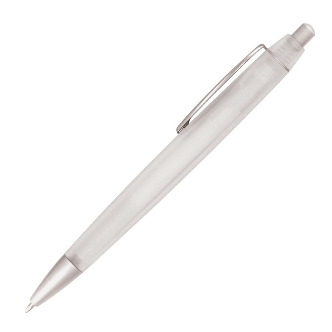 A ballpoint pen in a sleek silver and transparent design with a clip. It features a smooth finish and a rounded top.