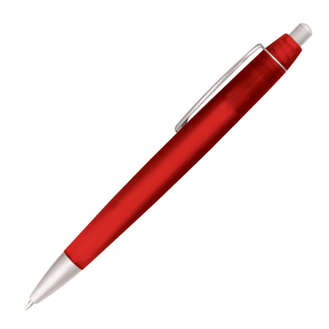 A red plastic ballpoint pen with a silver clip and tip. It features a smooth, sleek design.