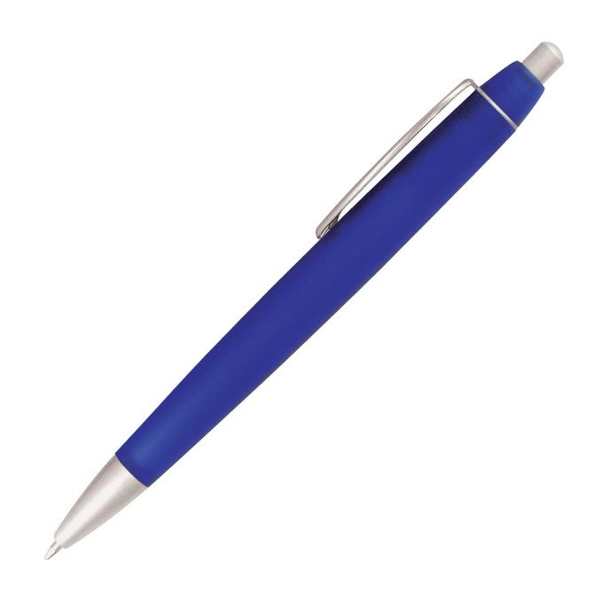 A blue ballpoint pen with a silver clip and tip, featuring a smooth finish and sleek design.