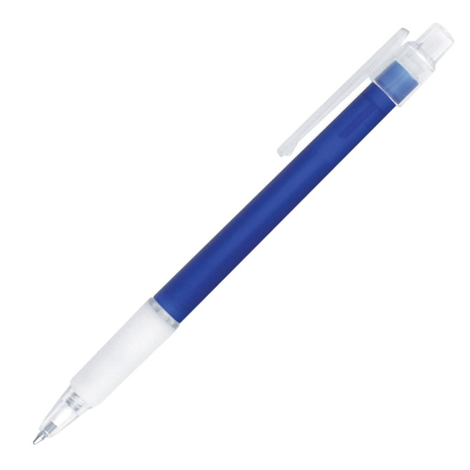 A blue ballpoint pen with a clear cap and grip, featuring a branding logo.