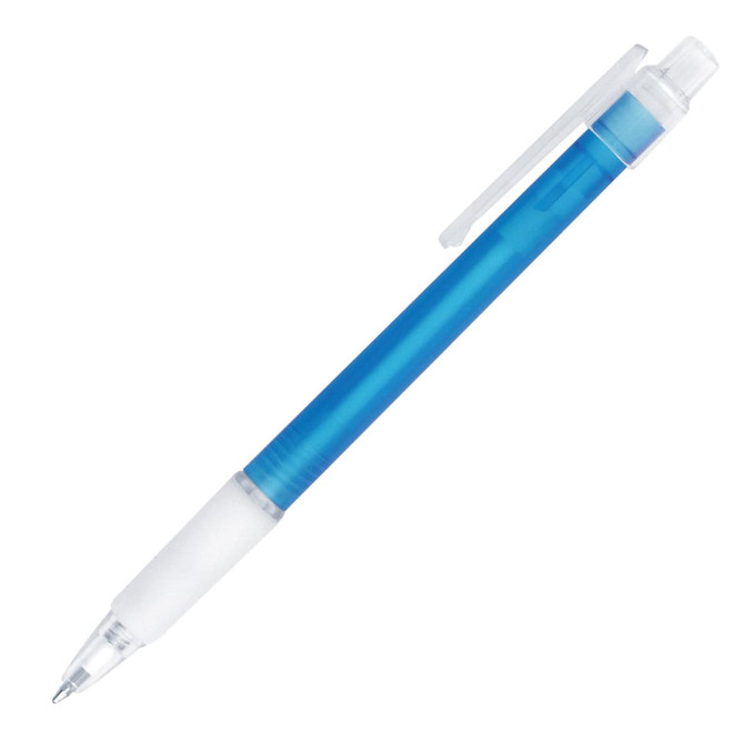 A blue ballpoint pen with a transparent barrel and a white grip. It features a clip and a visible ink tip.