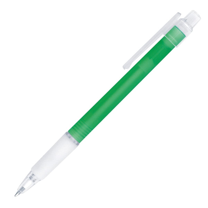 A ballpoint pen with a green barrel, white grip, and a transparent cap. It features a logo on the barrel.