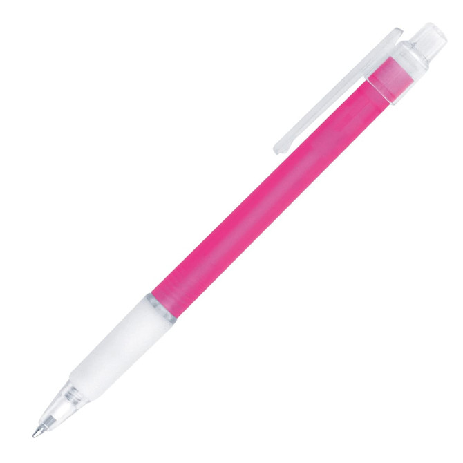 A ballpoint pen in vibrant pink with a clear grip and clip, featuring a branding logo.