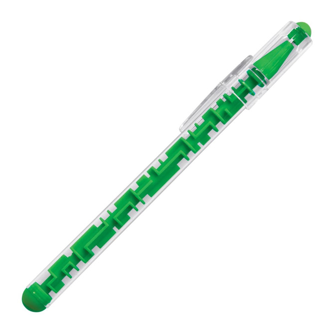 A green ballpoint pen with a clear barrel and matching end caps, featuring a logo.