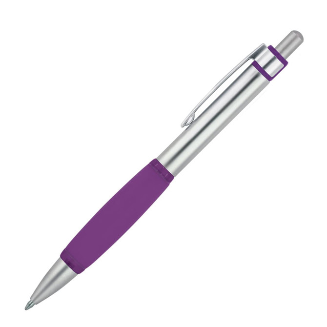 A metal ballpoint pen with a silver body and a purple rubber grip. It features a clip and a branding logo.