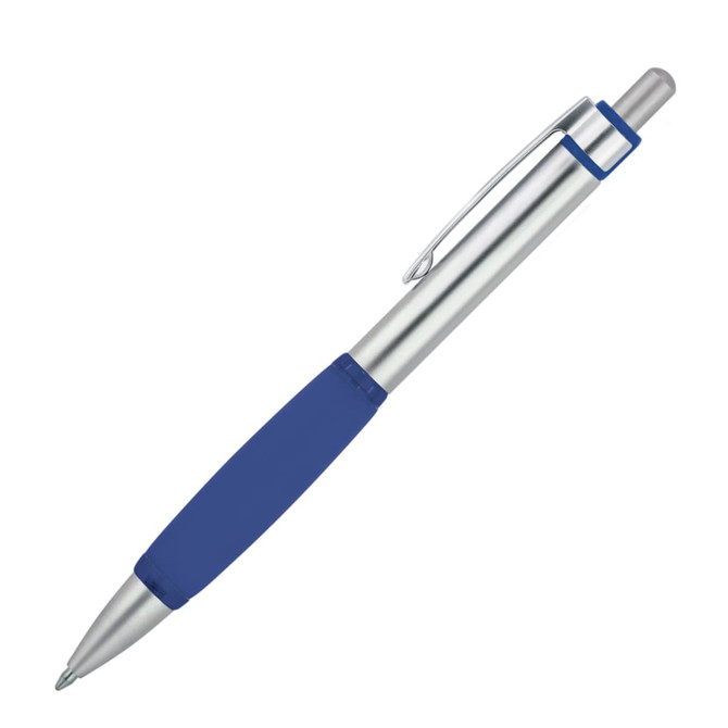 A metal ballpoint pen with a silver body and a blue rubber grip, featuring a metal clip and branding.