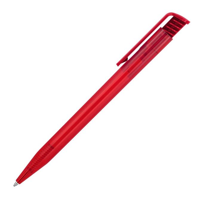 A transparent red ballpoint pen with a clip and smooth design, featuring a simple logo.