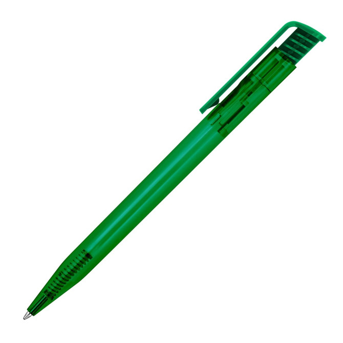 A transparent green ballpoint pen with a clip and a ribbed grip, featuring a logo.