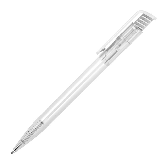 A transparent ballpoint pen in white, featuring a clip and a silver tip. It has a simple, modern design.
