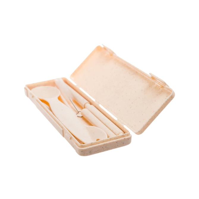 A beige ramen cutlery set in a compact case, including a spoon, fork, and knife, with a simple design.