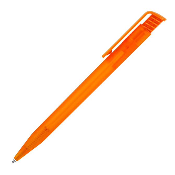 An orange ballpoint pen with a translucent body and clip, featuring a smooth tip for writing.