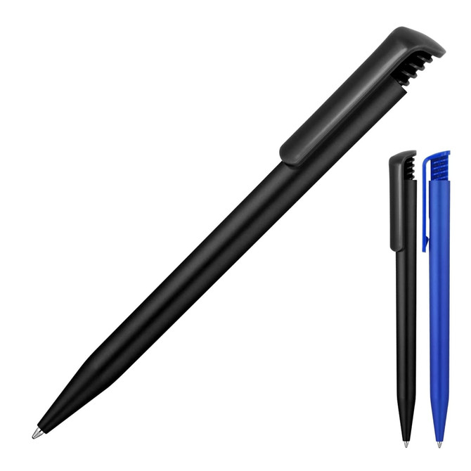 A black matte ballpoint pen with a sleek design, accompanied by a blue version. Both feature a logo.