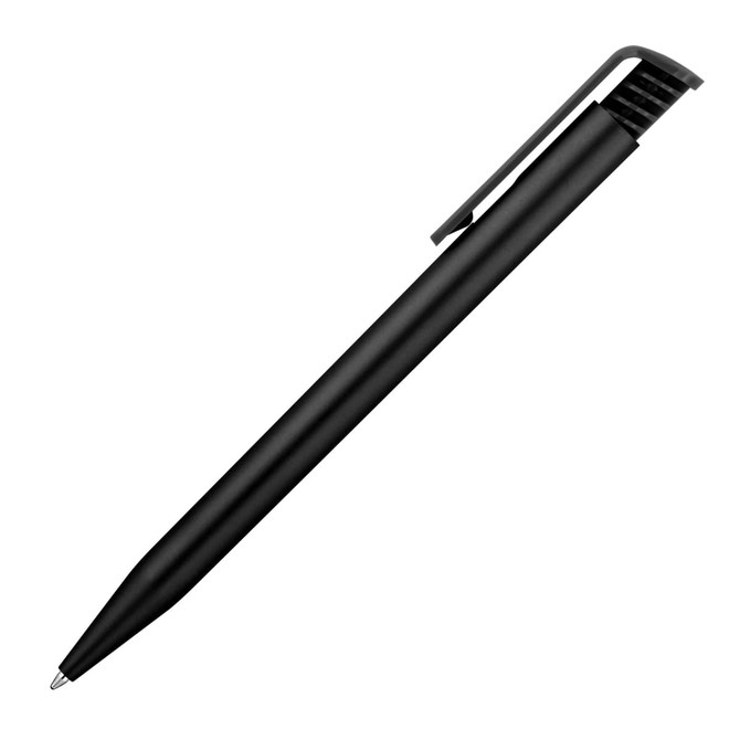 A matte black ballpoint pen with a clip and sleek design, featuring a branding logo.