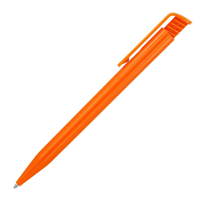 An orange ballpoint pen with a gloss finish and a clip. It features a sleek design and a branding logo.