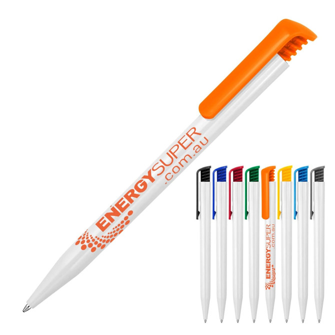 A ballpoint pen with a gloss white barrel and an orange clip, accompanied by various coloured pens.