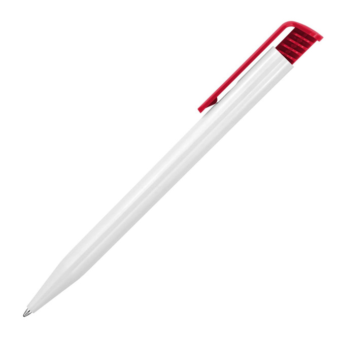 A white ballpoint pen with a red clip and detailing, featuring a branding logo.