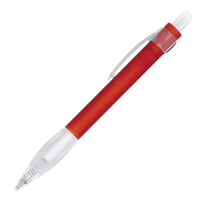 A ballpoint pen in a bright red colour with a clear grip and tip, featuring a clip and branding.