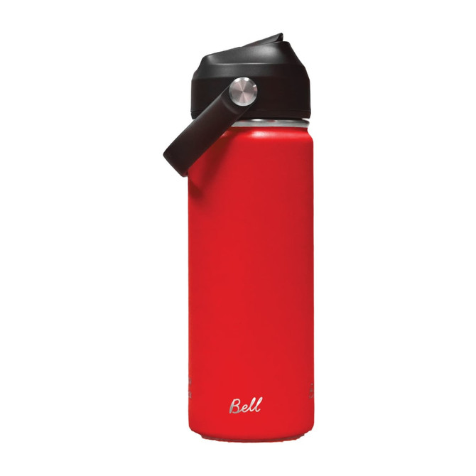 A drink bottle in bright red with a black carry handle and a logo. Features a sleek, modern design.
