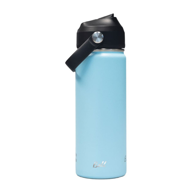 A drink bottle in light blue, featuring a carry handle and a black lid. It has a logo visible on the body.