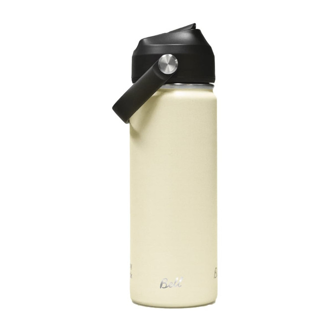 A drink bottle in cream with a black carry handle and a logo. Designed for holding 500ml.
