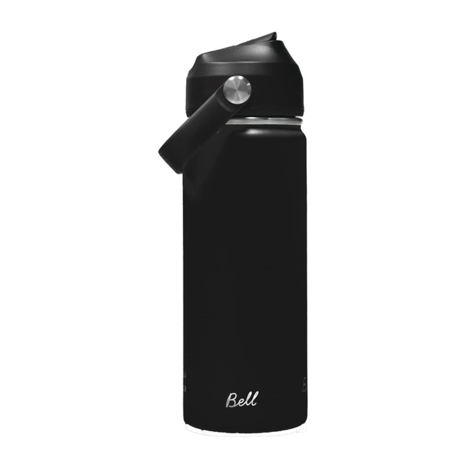A drink bottle in matte black, featuring a carry handle and a silver cap, with a logo on the side.