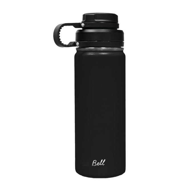 A drink bottle featuring a black finish, an infuser lid, and a logo on the front. Ideal for hydration.