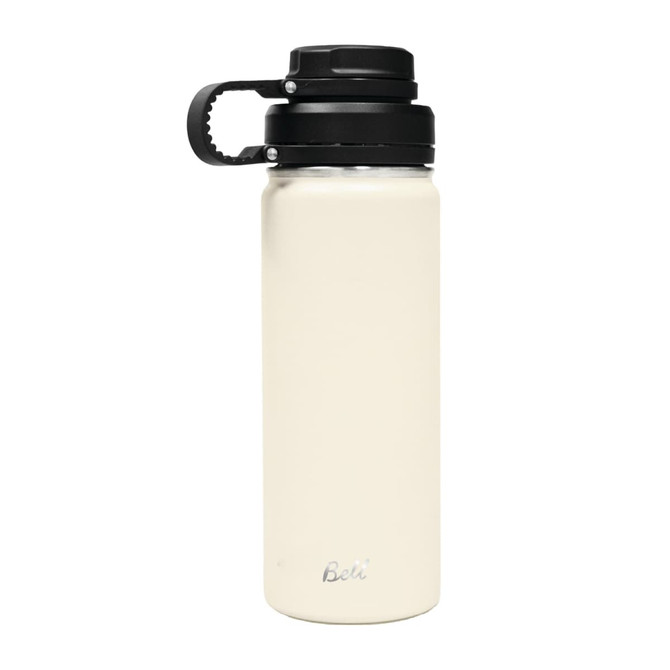 A drink bottle in cream with a black infuser lid, featuring a logo on the front.