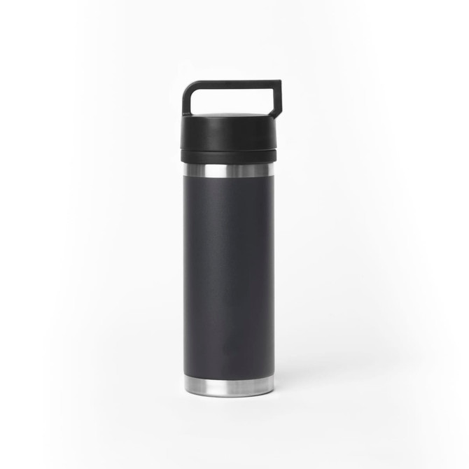 A drink bottle in black with a solid handle and a stainless steel base, featuring a logo.