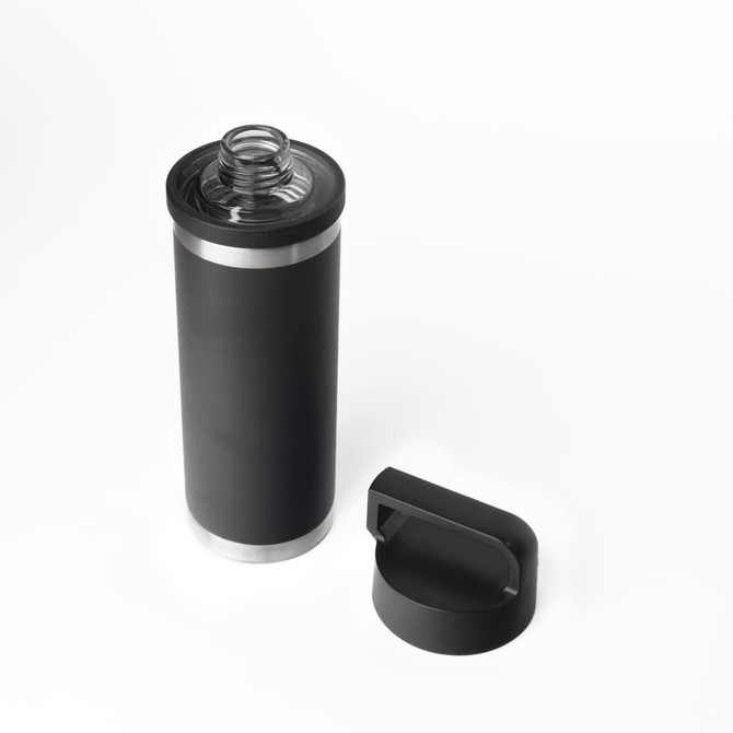 A drink bottle in matte black with a solid handle, featuring a stainless steel base and a screw-top opening.