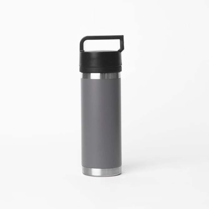 A drink bottle in grey with a solid black handle and a stainless steel base, featuring a logo.