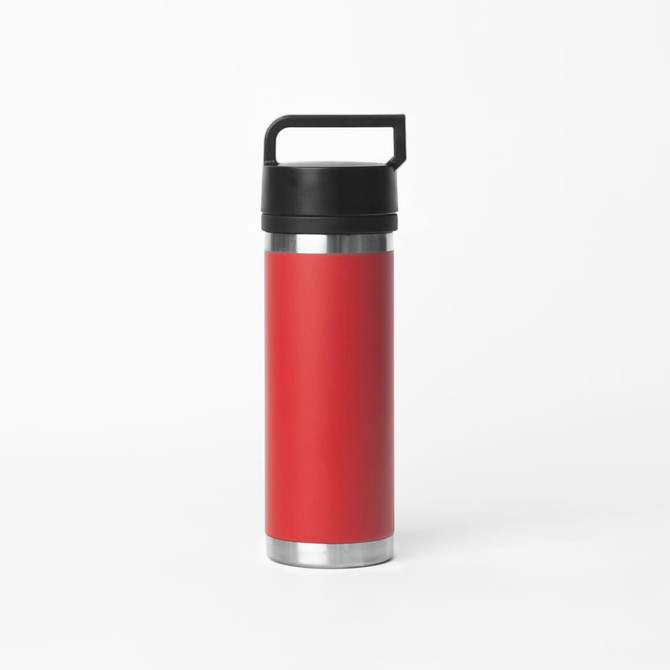 A drink bottle with a solid black handle, featuring a red body and stainless steel base. It has a logo on the side.