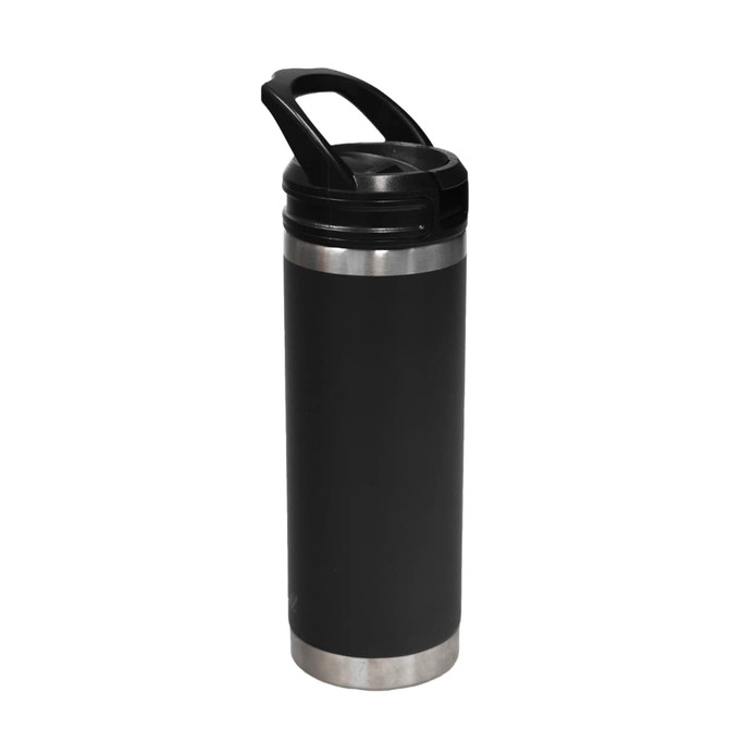 A drink bottle with a black finish and a stainless steel base, featuring a sipper handle and a logo.