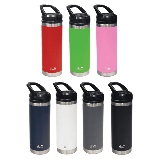 A drink bottle featuring a sipper handle, available in red, green, pink, navy, white, grey, and black with a logo.