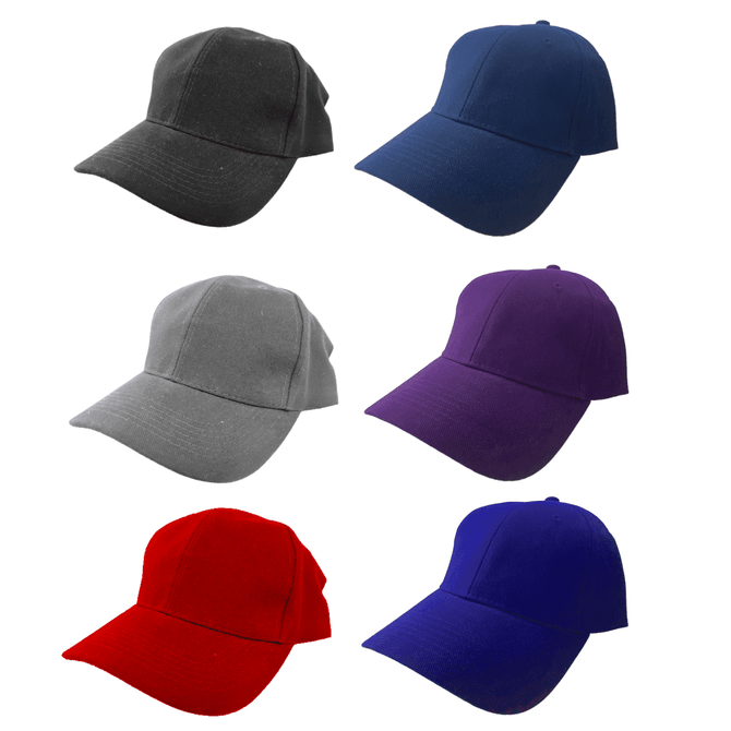 A collection of six brushed cotton baseball caps in grey, navy, purple, red, and dark blue, with a logo on each.