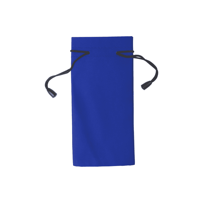 A blue toiletry pouch with a drawstring closure and black cord. Features a logo.