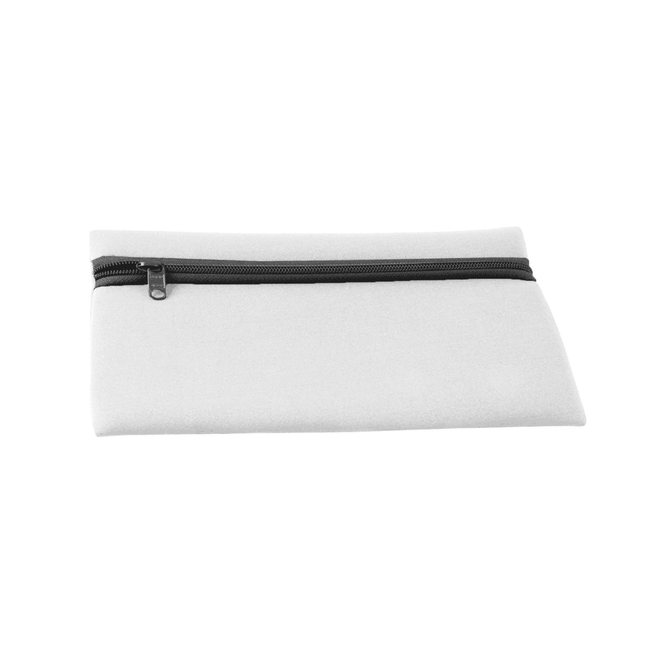 A grey neoprene pencil case with a black zipper. It has a smooth finish and includes a logo.