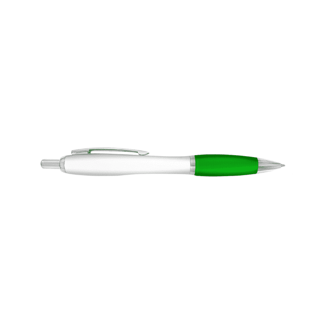 A plastic pen with a white barrel and green grip, featuring a silver clip and tip. It includes a logo.
