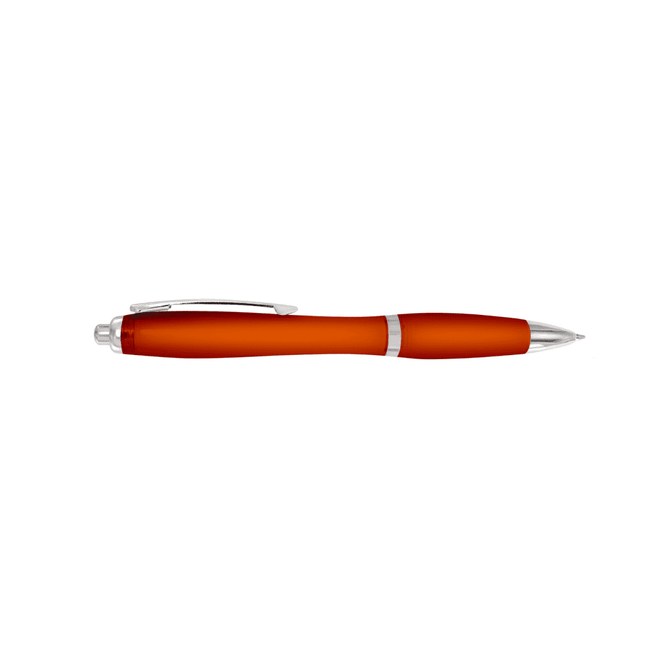 An orange plastic pen with a silver clip and accents, featuring a smooth, rounded design.