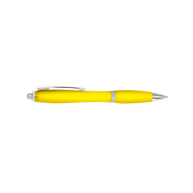 A yellow plastic pen with a shiny silver clip and accents, featuring a smooth, rounded design.