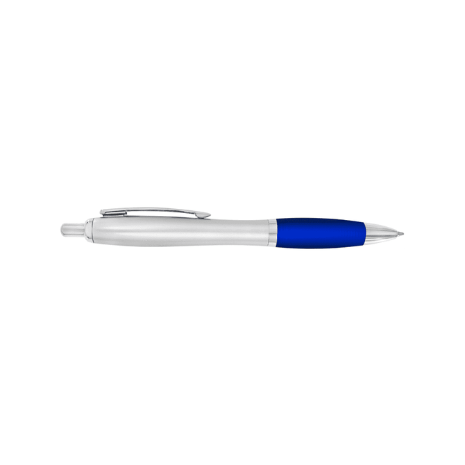 A plastic pen with a silver barrel and a blue grip, featuring a clip and a logo.
