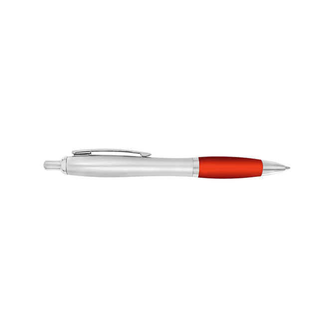 A plastic pen with a silver barrel and a red grip, featuring a clip and a smooth writing tip.