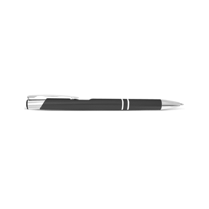 A metal pen in black with silver accents, featuring a clip and a sleek design. It has a logo on the body.