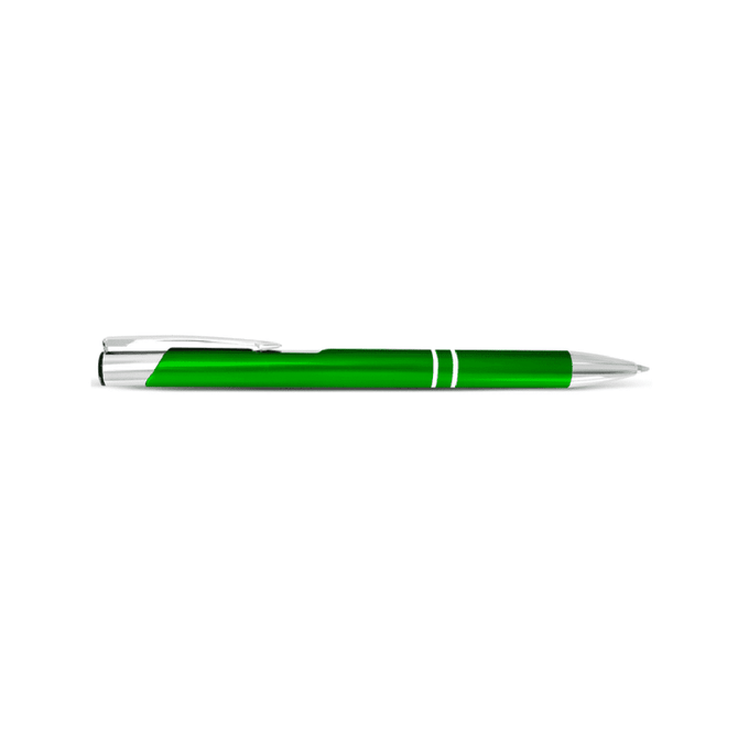A green metal pen with a silver clip and accents, featuring a logo on the barrel.