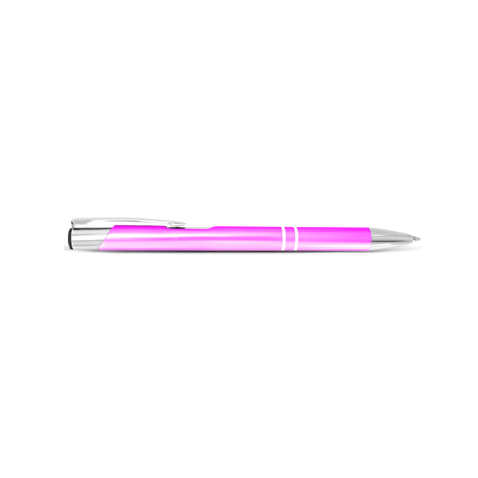 A pink metal pen with a shiny finish and silver accents, featuring a clip and barrel design.