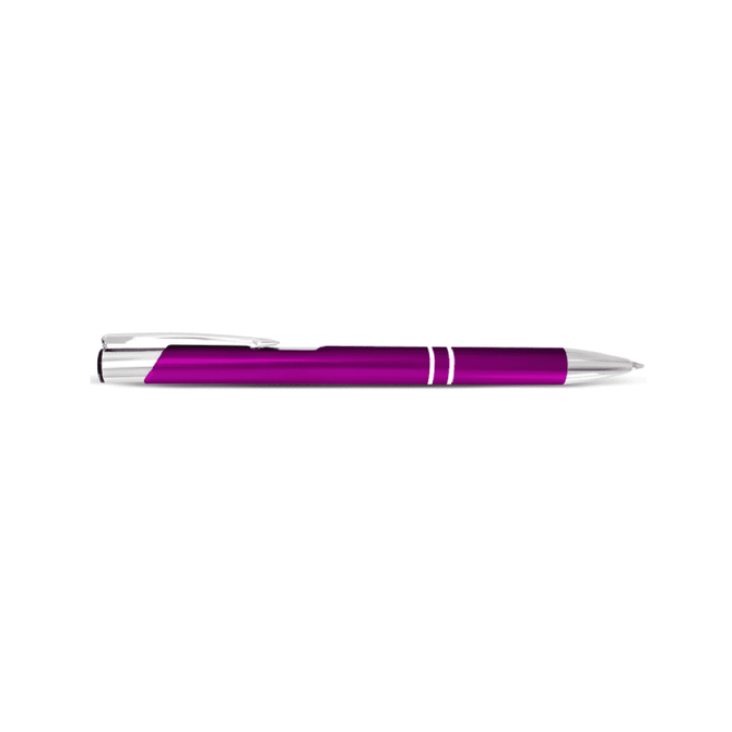 A metal pen with a sleek design in vibrant purple and silver accents, featuring a clip and a logo.